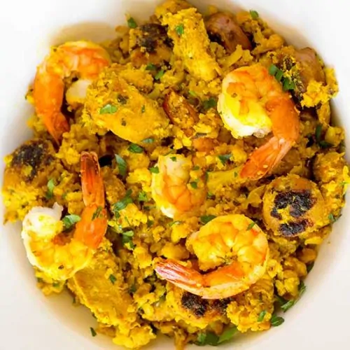 cauliflower paella in white bowl