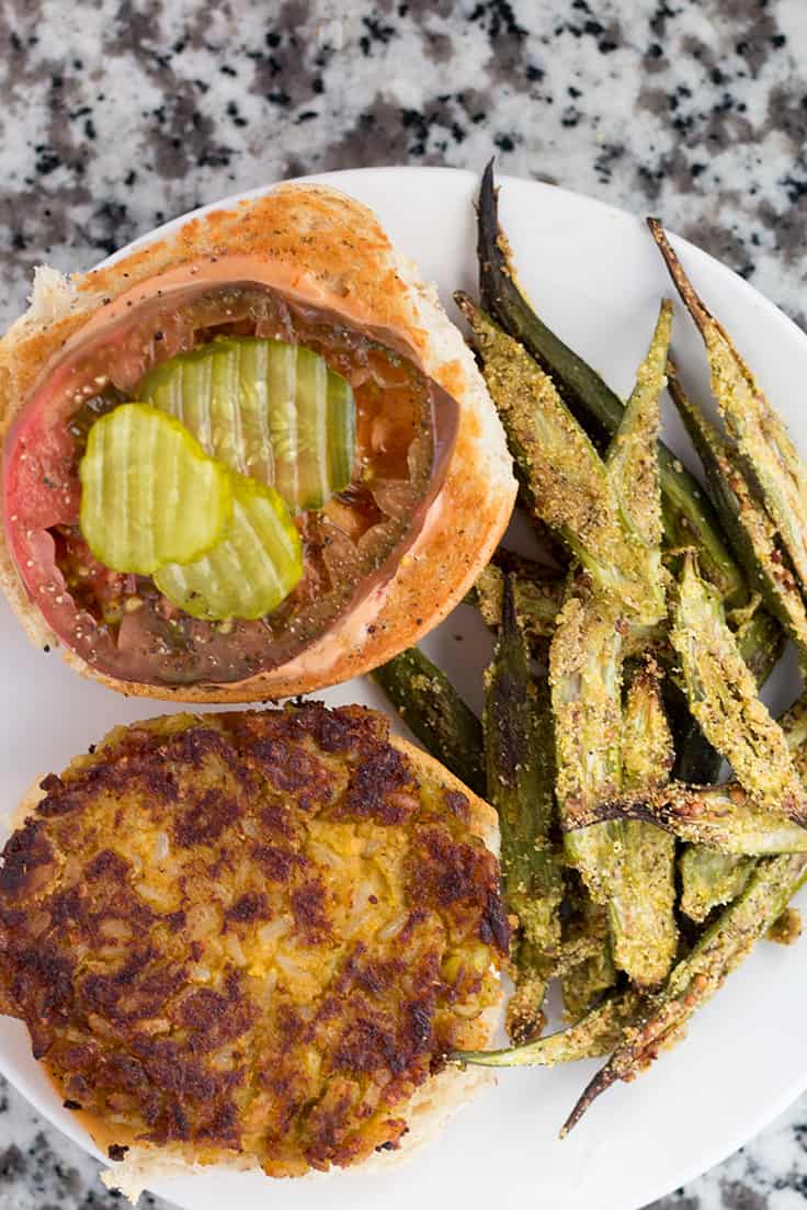 Vegan ButterBean Burgers with Oven-Fried Okra Fries | The Foodie Eats