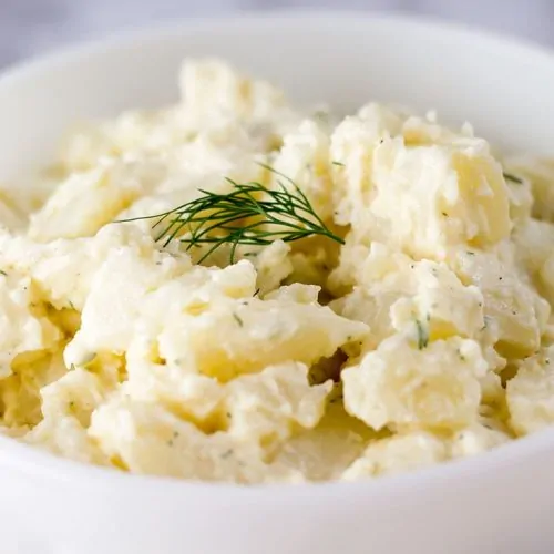Vegan Potato Salad in white bowl.