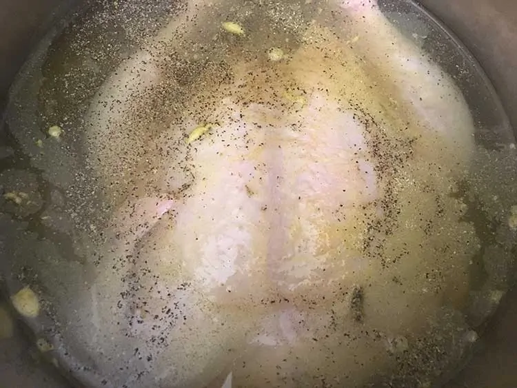 Uncooked whole chicken in pot with water and spices.