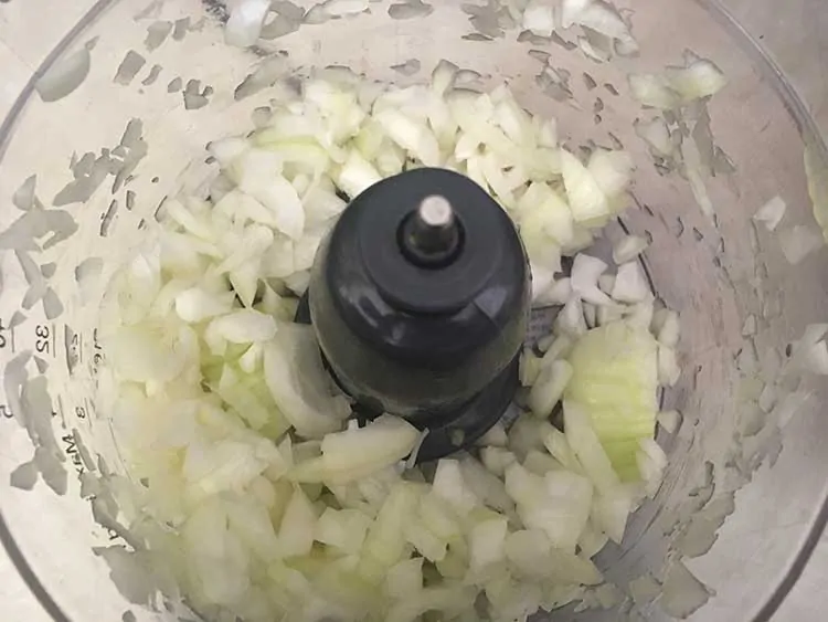chopped onions in food processor.