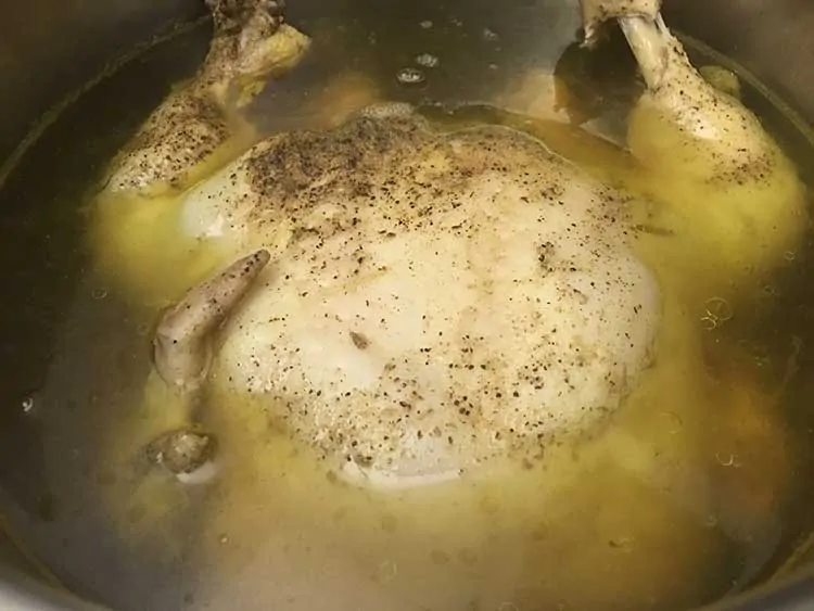 cooked whole chicken in broth in pot.