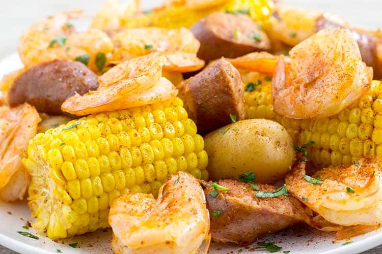 Instant Pot Shrimp Boil on white serving platter.