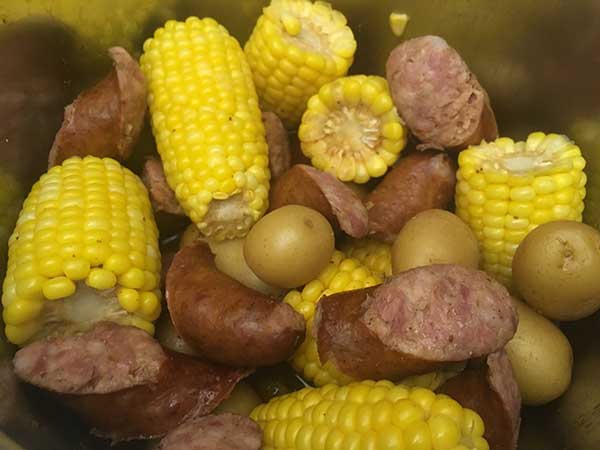 Cooked corn, sausage, and potatoes in Instant Pot.