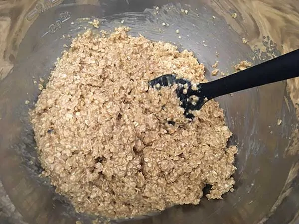 oats mixed with peanut butter mixture in bowl with black spatula