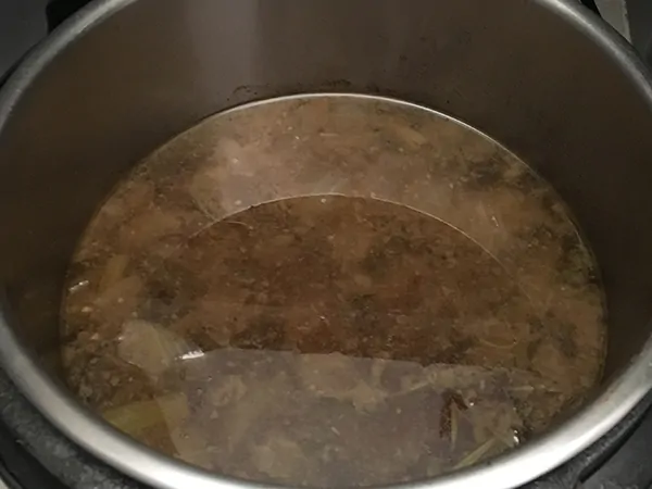 Beef broth with aromatics in Instant Pot.