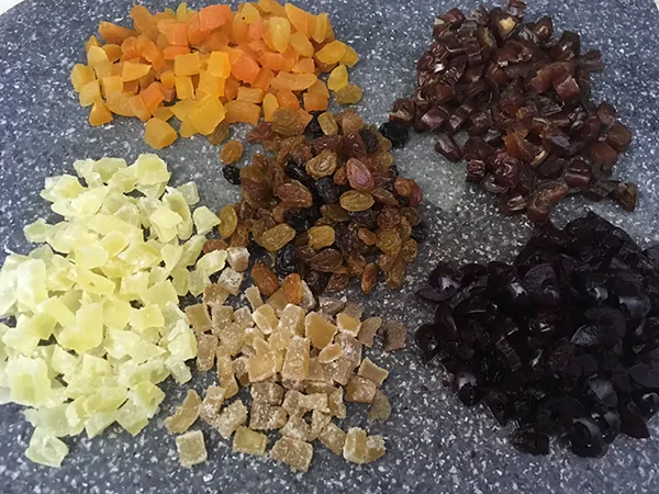 diced dried fruits on cutting board