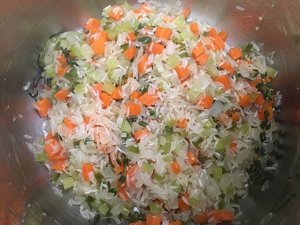 onions, carrots, celery, and uncooked rice