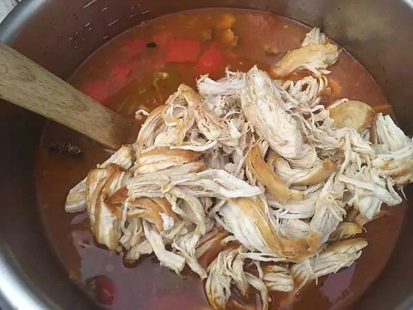 Shredded chicken on top of gumbo soup.