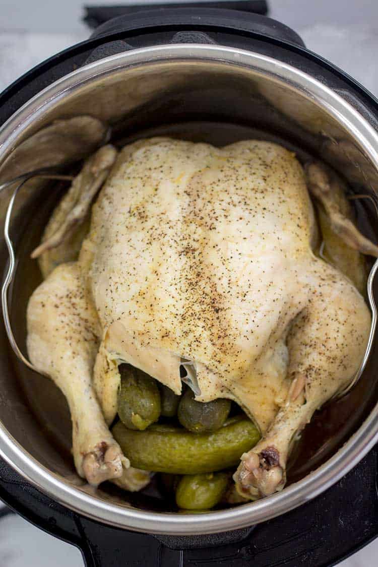 whole chicken stuffed with pickles in an Instant Pot