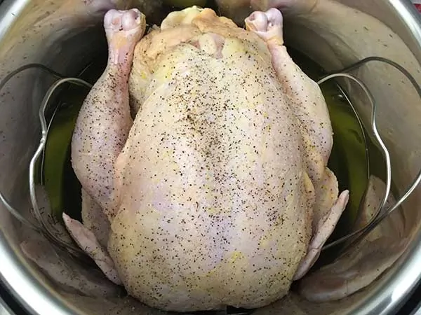 whole uncooked chicken on trivet in Instant Pot