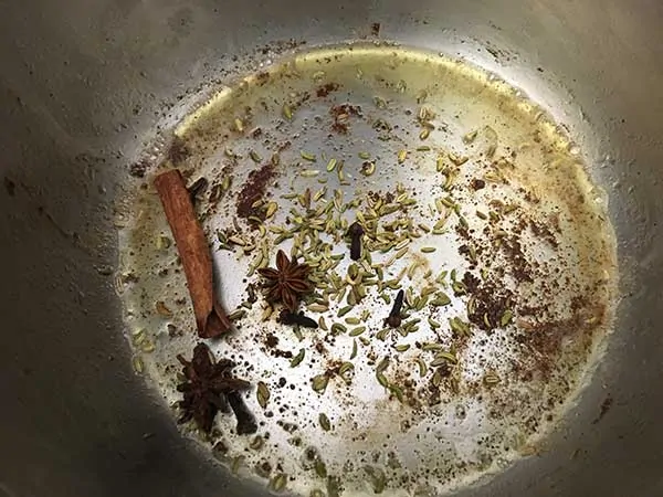 Toasting spices in bottom of Instant Pot.