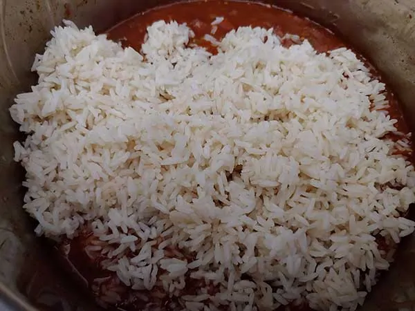 White rice on top of red beans.