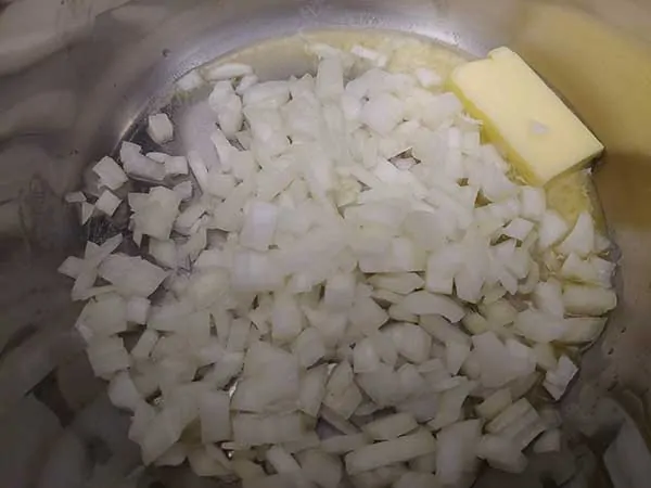 Butter melting in pot with diced onions.