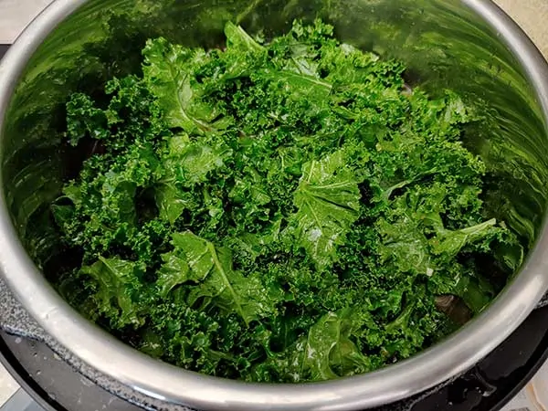 Kale leaves in vegetable broth.