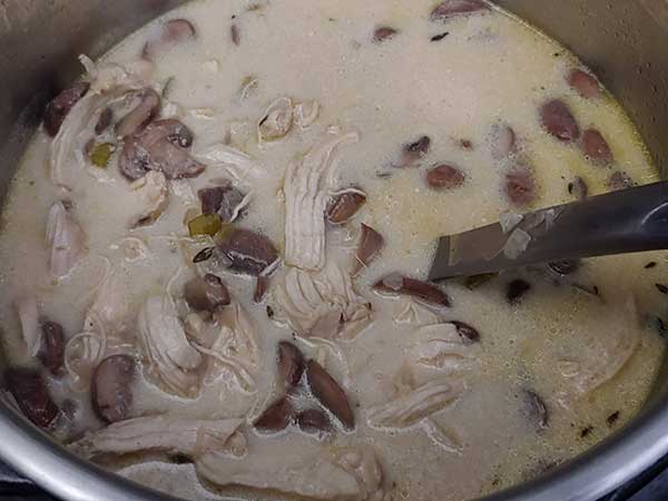 Stirring chicken mushroom soup with ladle.