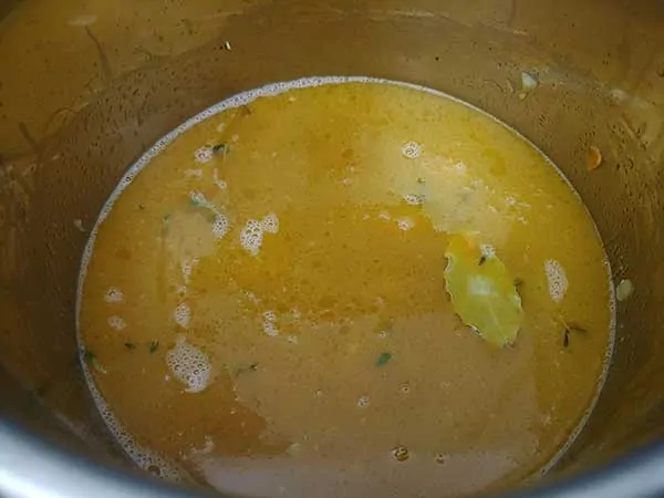 Chicken broth in pot with aromatics.