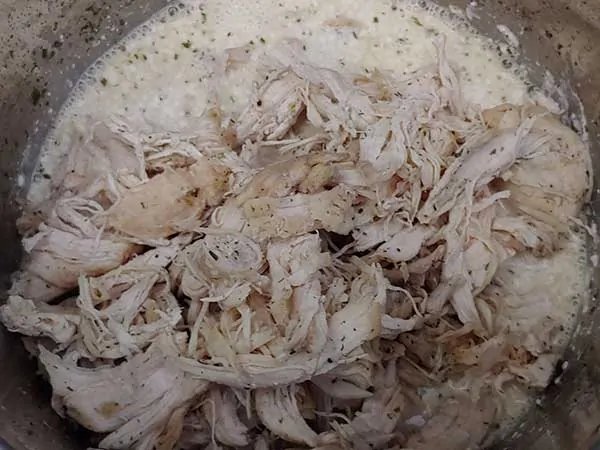Shredded chicken on top of cream cheese mixture.