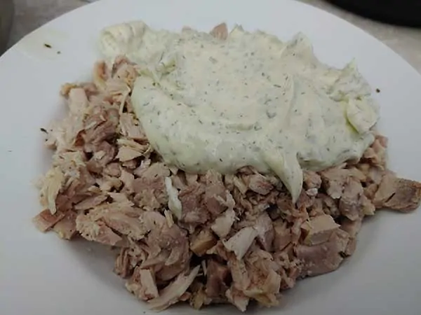 Chopped chicken topped with ranch sauce in white bowl.