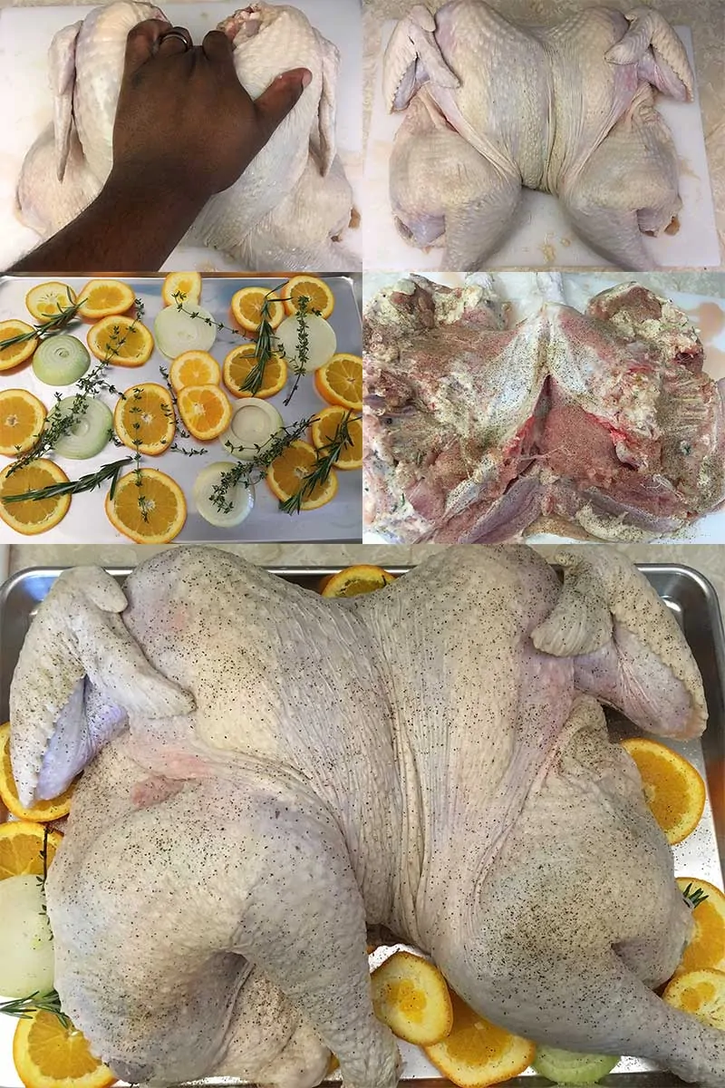 5-picture collage to show prepping turkey for oven.