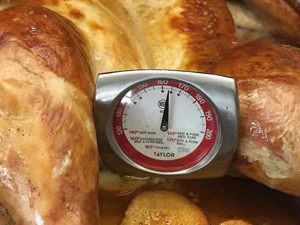 Meat thermometer inside turkey showing 165 degrees F.