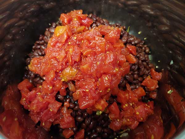 Diced canned tomatoes on top of black beans.