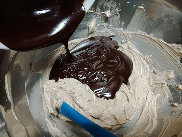 Pouring melted chocolate into cream cheese mixture.
