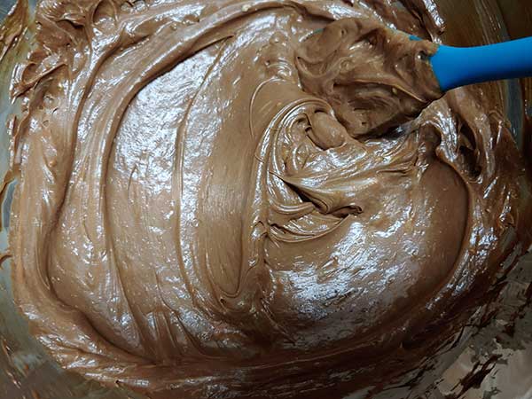 Mixing cheesecake batter with rubber spatula.