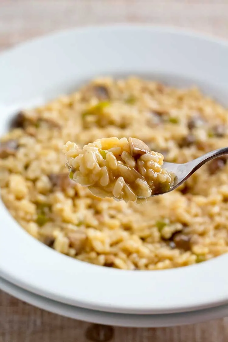 Closeup spoonful of Instant Pot mushroom risotto with white bowl in background.