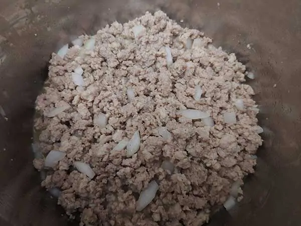 Ground turkey and diced onions in Instant Pot.