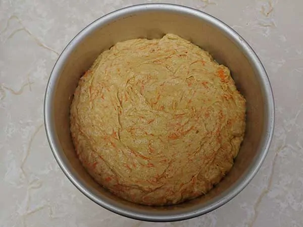 Carrot cake batter in 7x3-inch cheesecake pan.