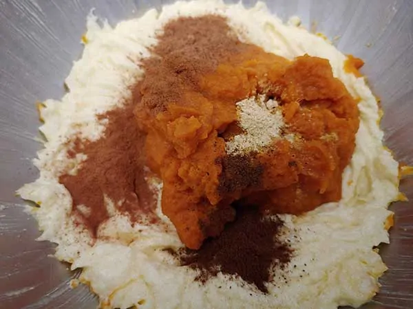 Butter/sugar/eggs mixture topped with pumpkin purée and spices.