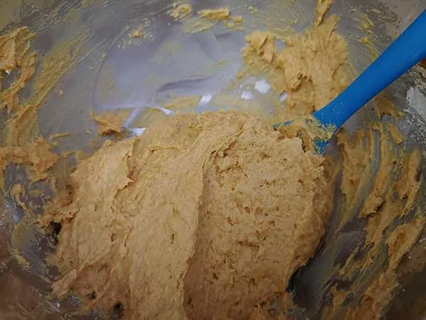 Pumpkin bread batter in mixing bowl with rubber spatula.