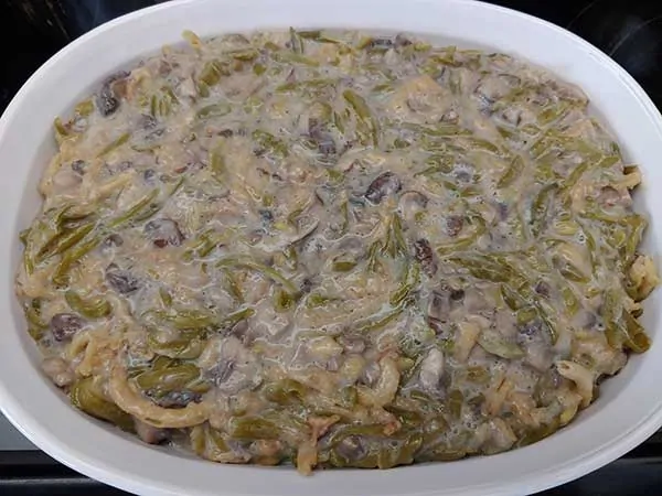 Vegan green bean casserole in dish.