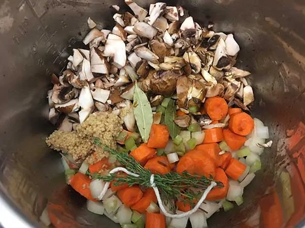 Uncooked vegetables and aromatics in Instant Pot