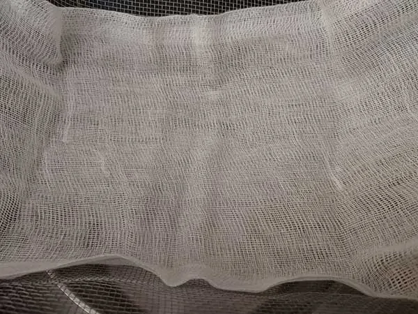 Cheesecloth inside strainer.
