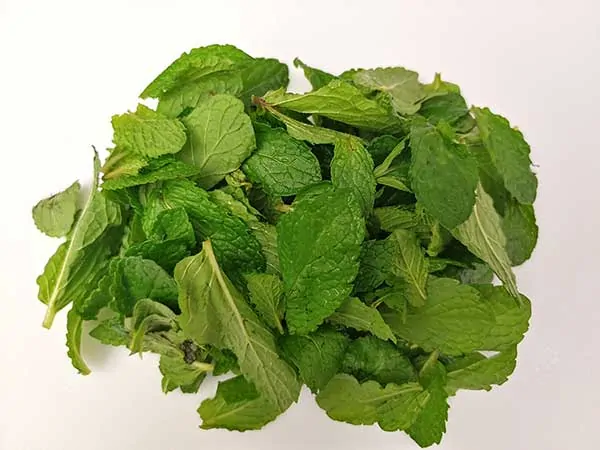Mint leaves on white cutting board.