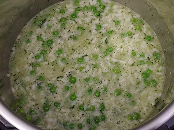 Instant Pot pea and mint risotto in pot.