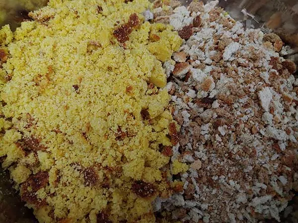 Crumbled cornbread and stuffing mix in large bowl.