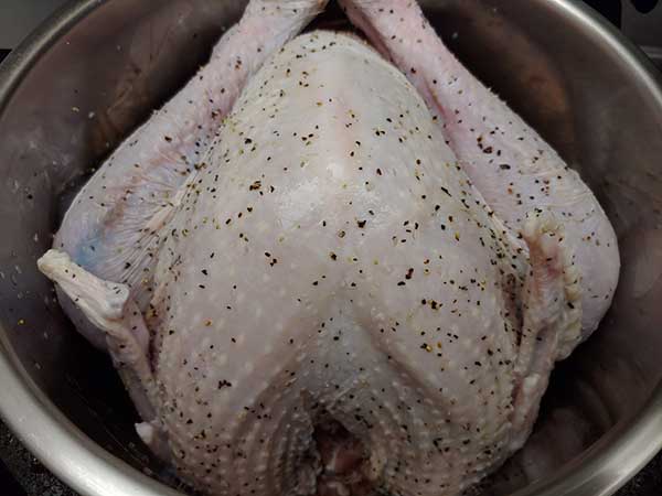 Uncooked whole turkey in pot, seasoned with salt and pepper.