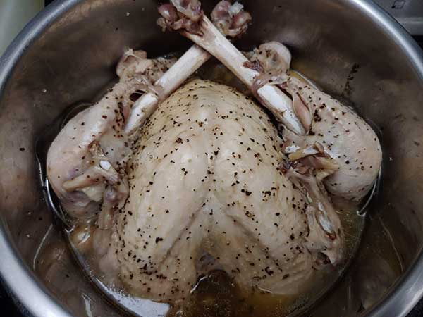 Cooked whole turkey in pot with broth.