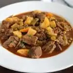 Instant Pot Vegetable Beef Soup in white bowl