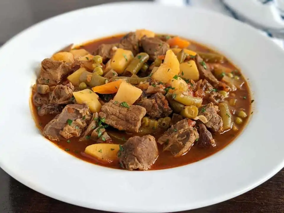 Instant Pot Vegetable Beef Soup in white bowl