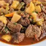 Instant Pot Vegetable Beef Soup in white bowl