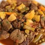 Instant Pot Vegetable Beef Soup in white bowl