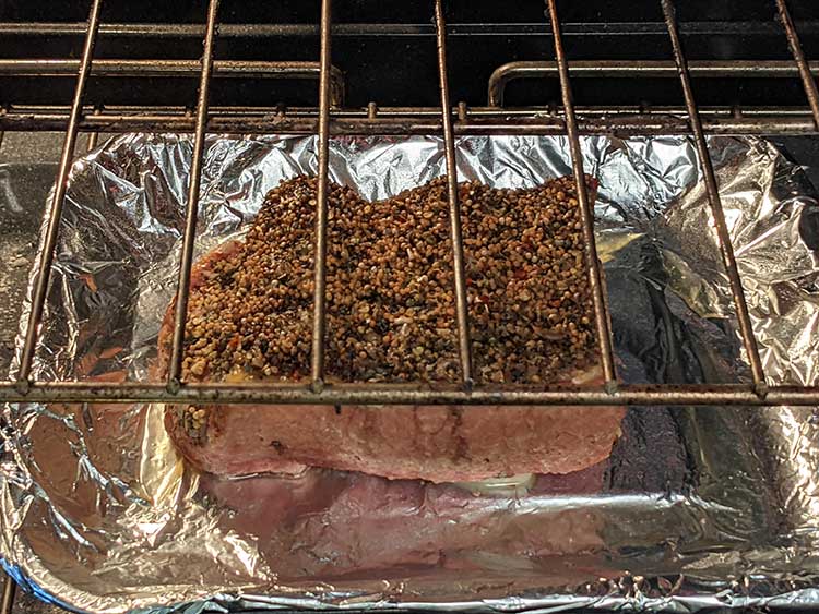 Corned beef brisket in oven.