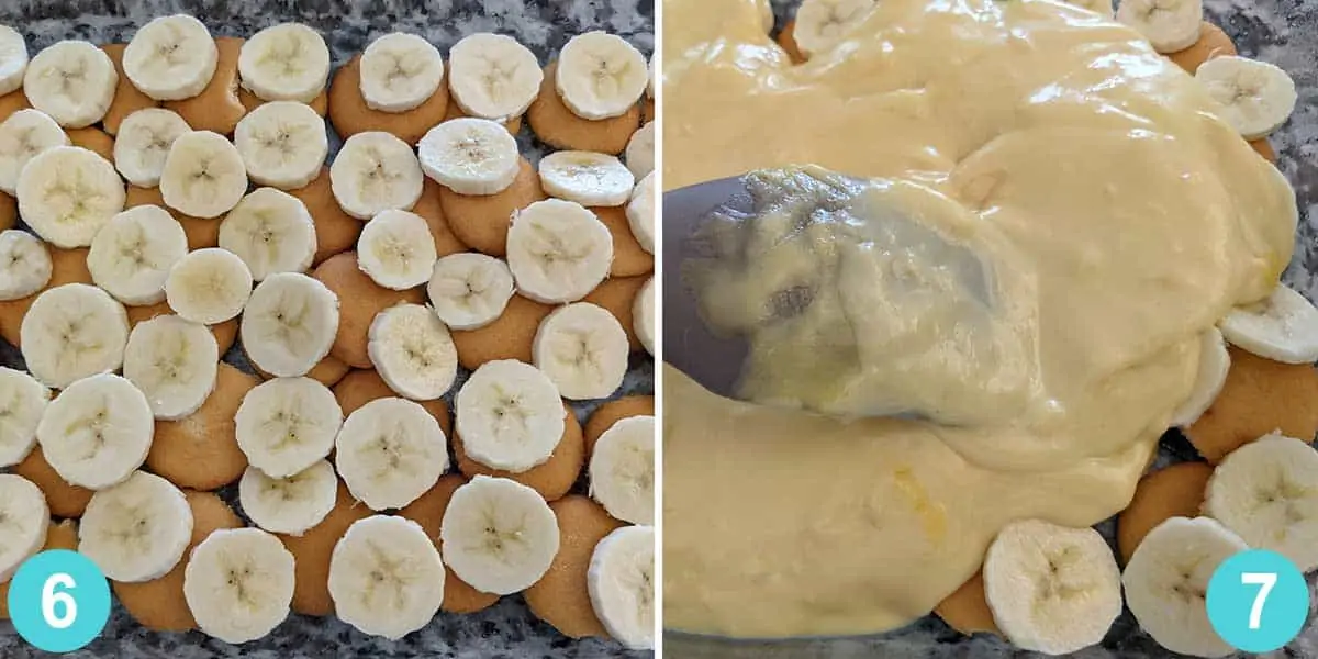 picture collage with steps 6 and 7 for banana pudding