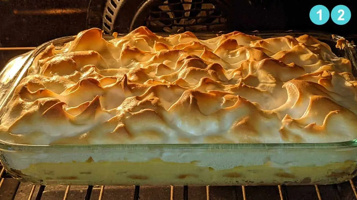 southern banana pudding baking in oven