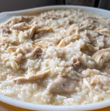 pressure cooker chicken and rice in large white bowl