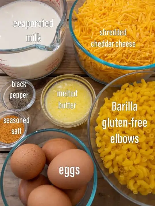 Ingredients for baked gluten free mac and cheese.